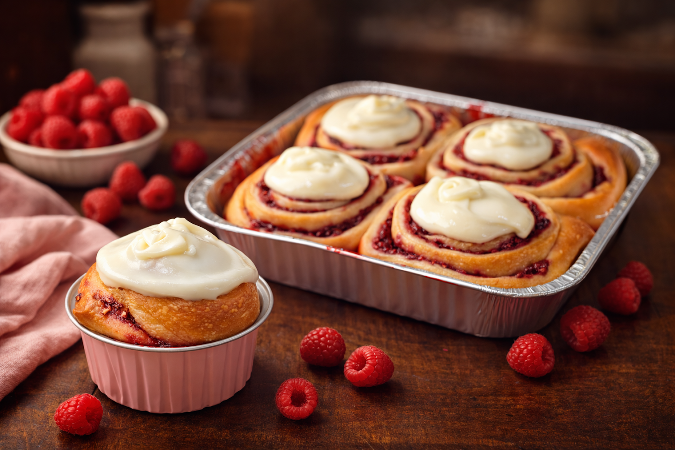 Fresh raspberry sourdough sweet rolls with cream cheese icing